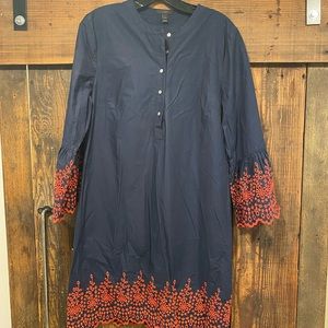 J.Crew Navy Blue Red Embroidered Eyelet Bell Sleeve Dress